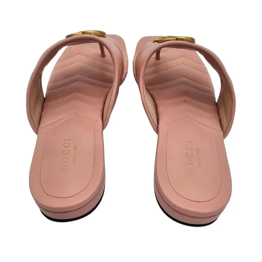 Gucci GG Marmont Flat Thong Sandal Pink Quilted Leather Gold Square Size 37 US 7
